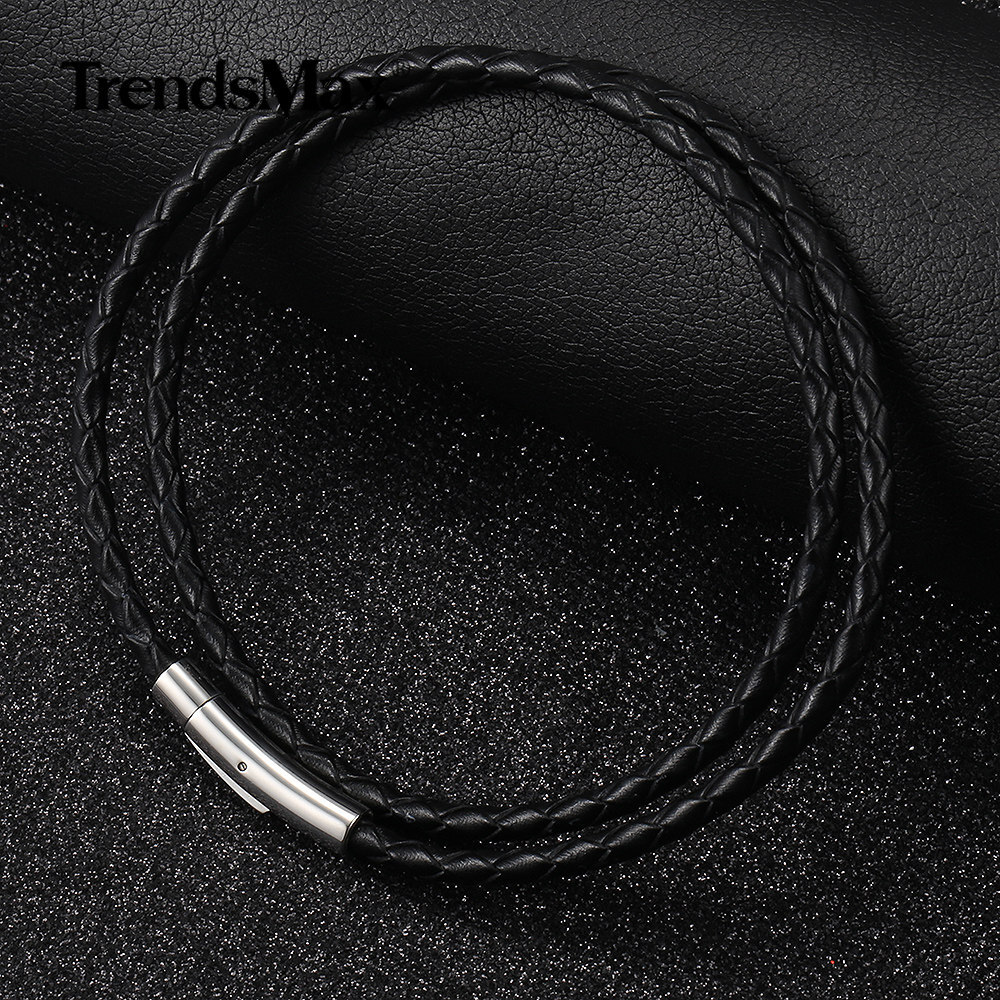 4MM 16″-30″ Black Braided Leather Rope Necklace Choker Stainless Steel Push Lock