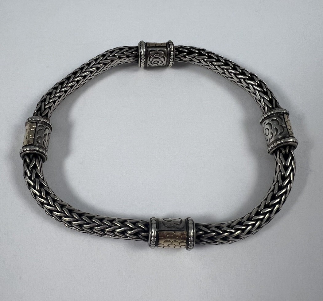 John Hardy 18k & 925 Sterling Four Pattern Station Classic Chain Bracelet 8” 6mm