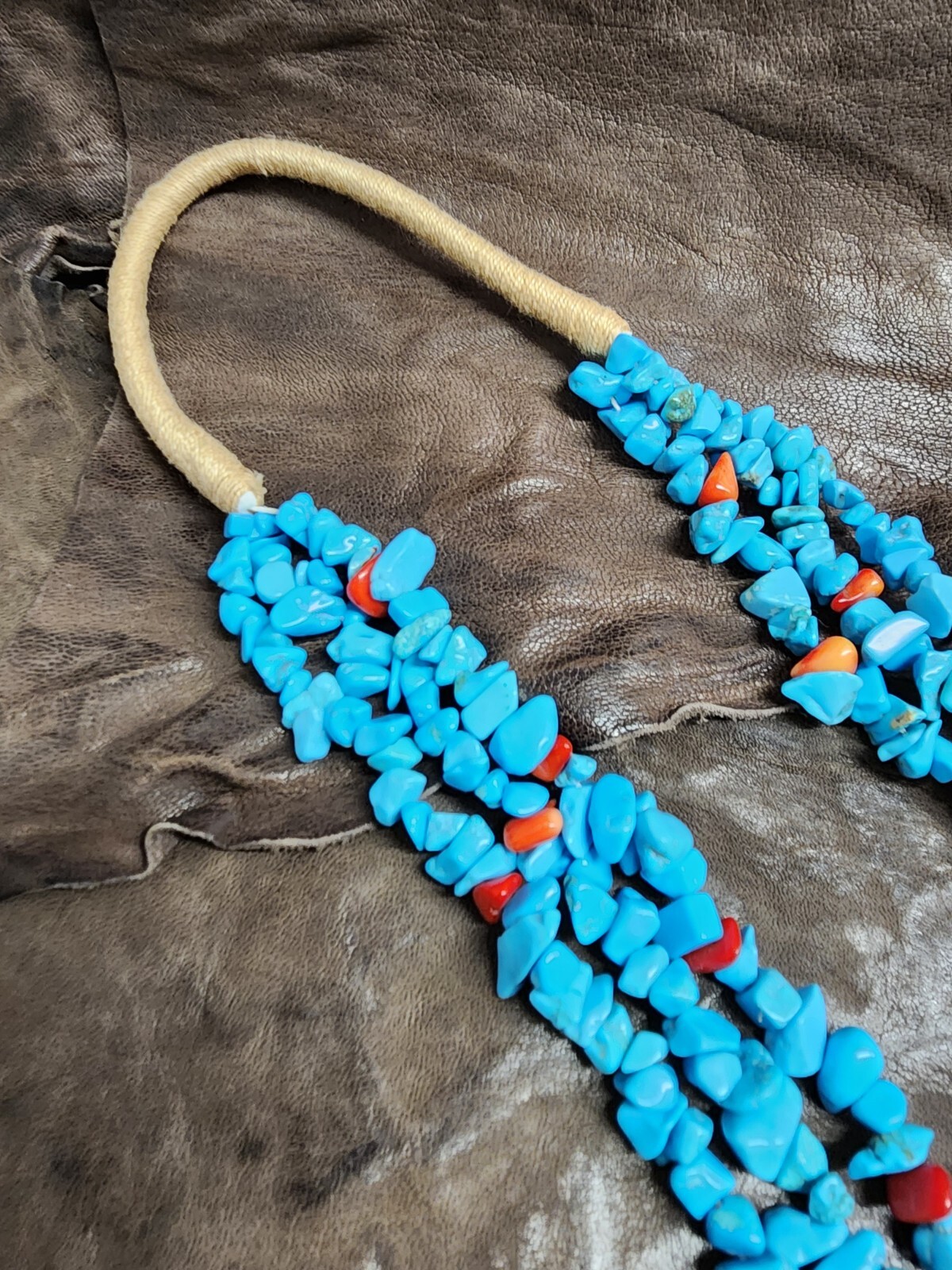 Necklace (N72) Navajo – Turquoise w/ Coral 3-Strand Nuggets