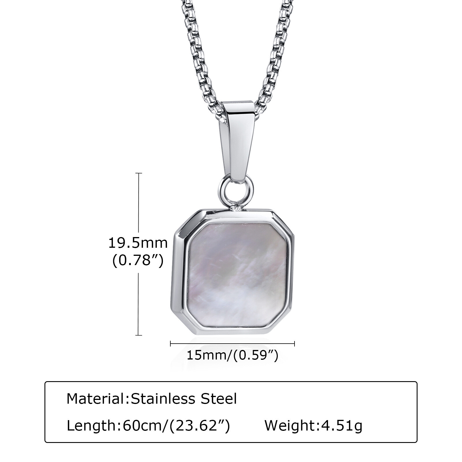 White Shell Black Enamel Square Pendant Necklace Stainless Steel with 60cm Chain