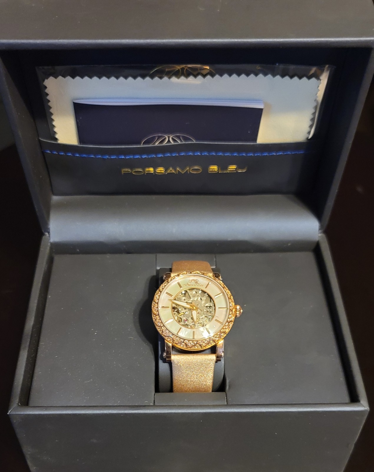 Porsamo Bleu Liza Luxury Automatic Topaz Women’s Satin Leather Watch, Rose