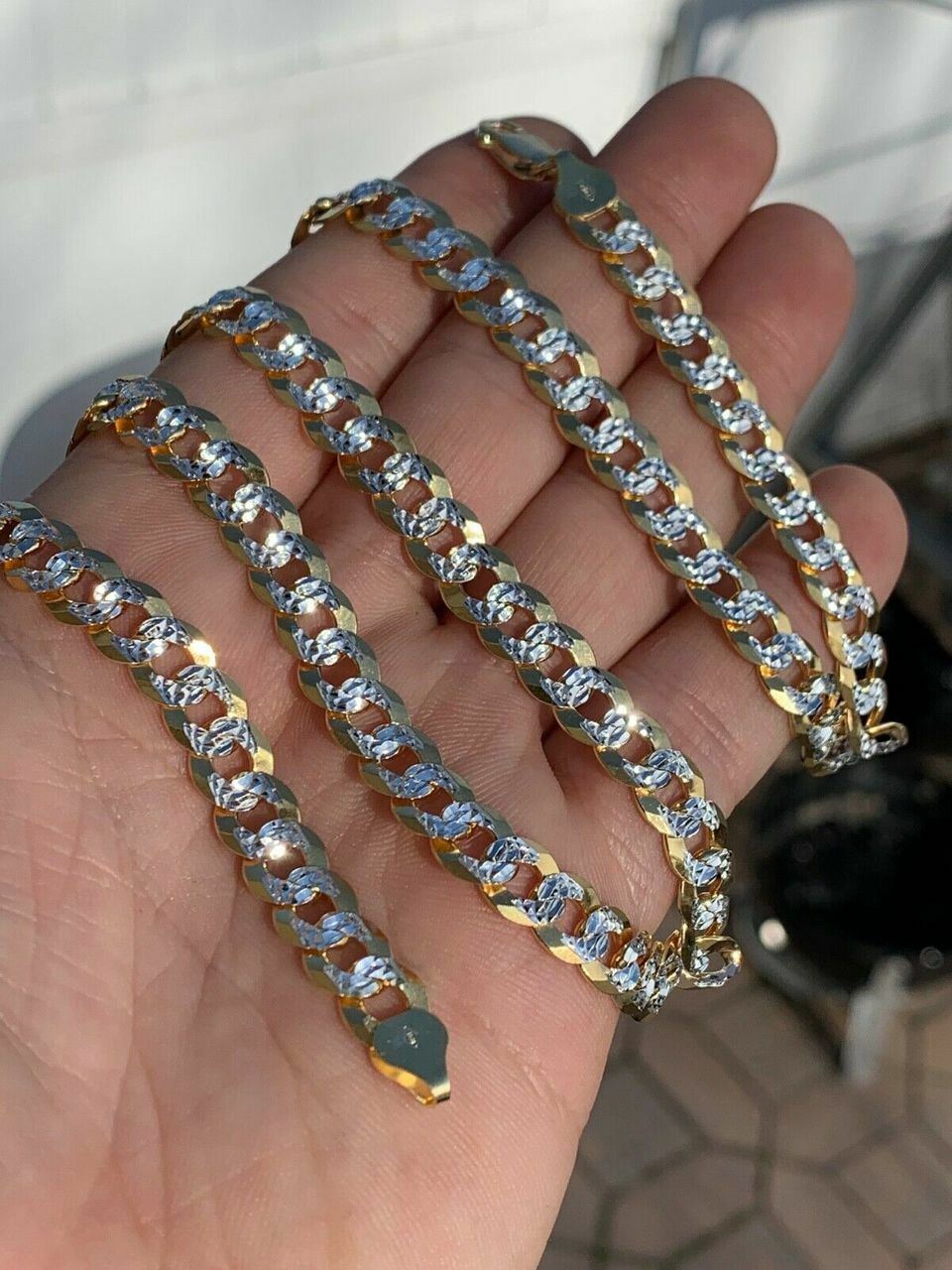 Mens Diamond Cut 8mm Cuban Chain 14k Gold Plated Solid 925 Silver Two Tone ITALY