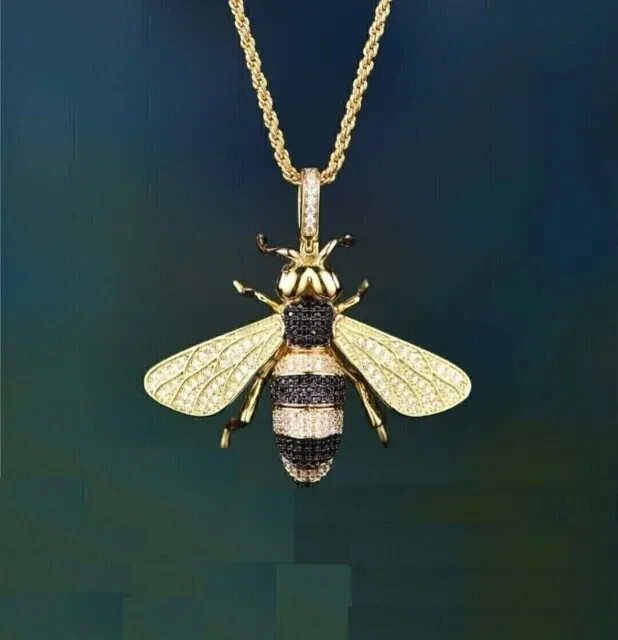 2Ct Round Lab Created Diamond Honey-Bee Pendant 14K Yellow Gold Plated Silver 18