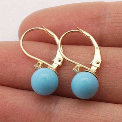 14K Solid Yellow Gold 7mm Diameter Turquoise Ball And Zircon Leveback Earrings