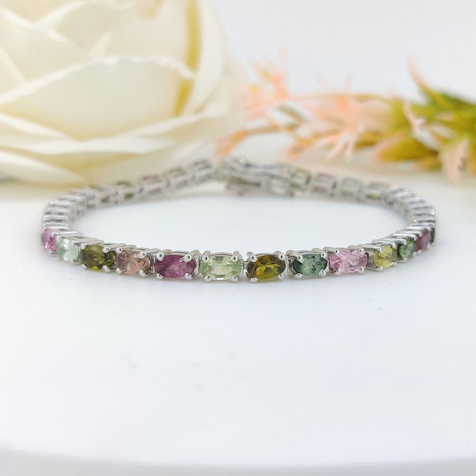 Natural Multi Tourmaline Tennis Bracelet Sterling Silver Jewelry gift for wife
