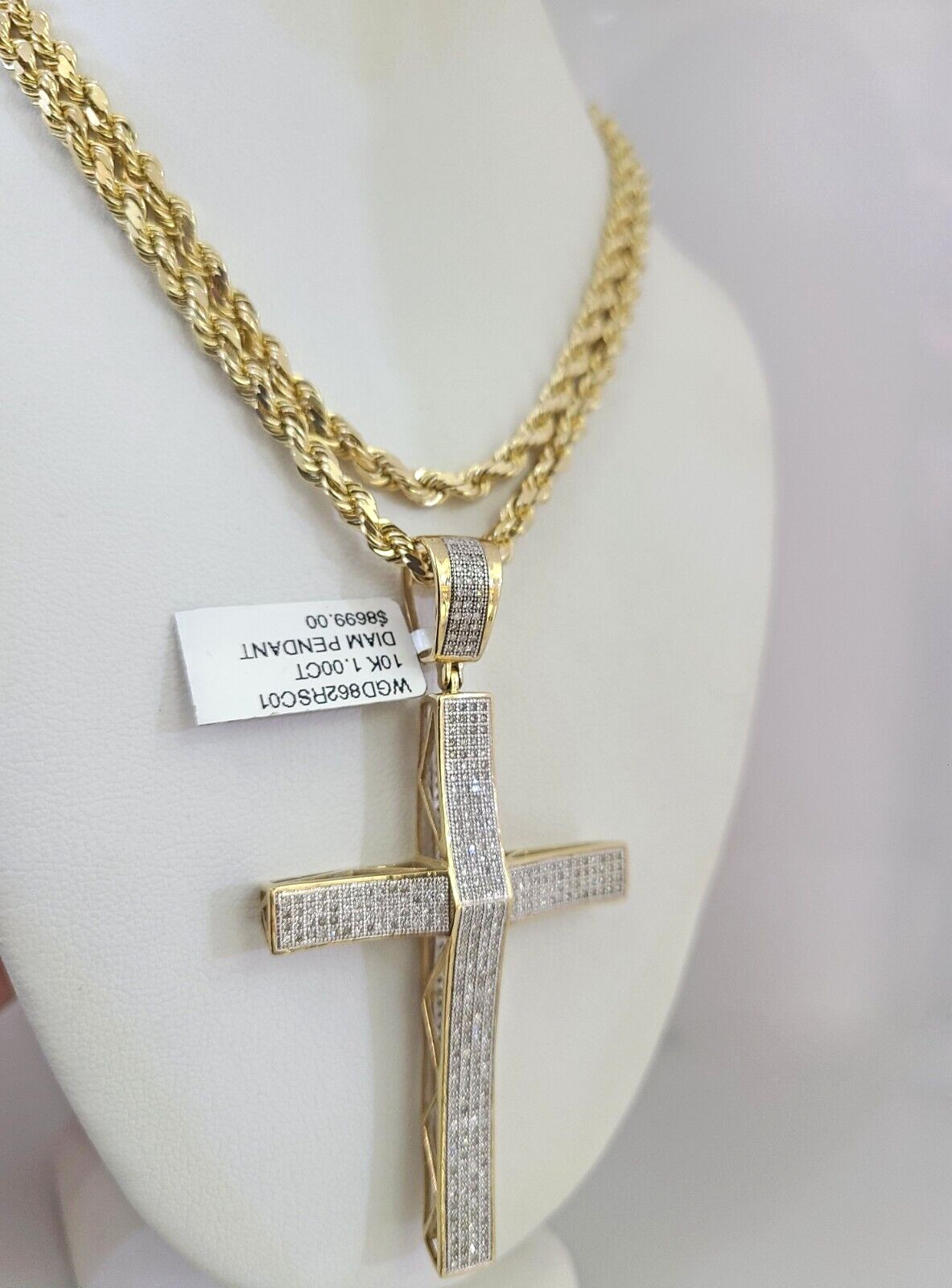 10k Solid Rope Chain Jesus Cross Charm Diamond Set 4mm 20″-28″ Necklace Gold