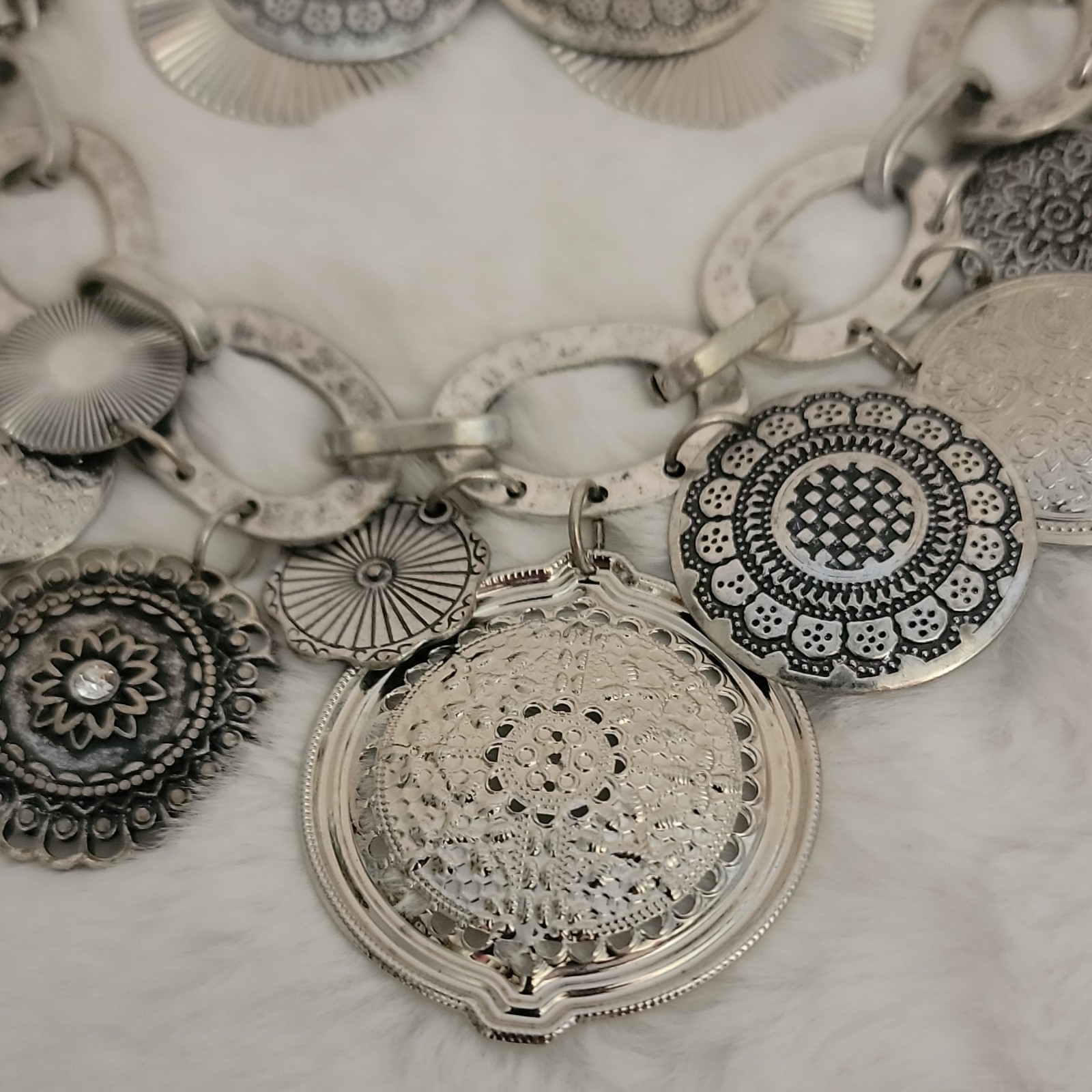 Silver Floral Medallion Embossed Charm Necklace with Matching Earrings