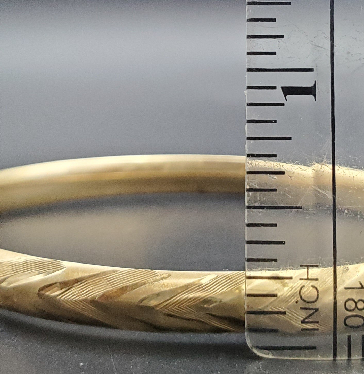 14K Bangle Bracelet, Open Hinge Design, Diamond Cut Finish 1/4 inch wide.