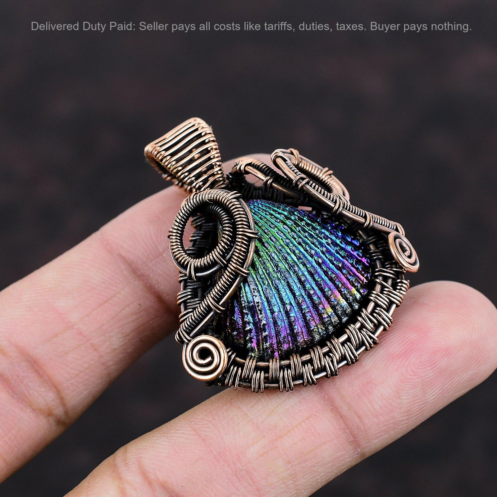 Copper Pear Titanium Coated Shell Gemstone Mother Wire Wrapped Pendant Jewelry
