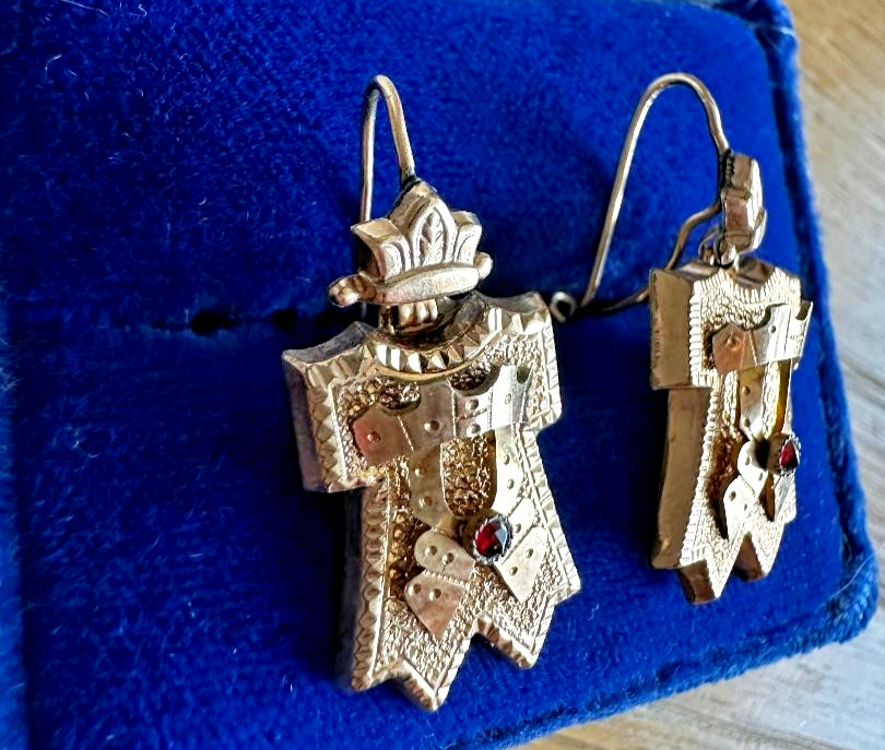 Antique Victorian Gold Filled Shield Etruscan Style Drop Earrings Garnet Accents