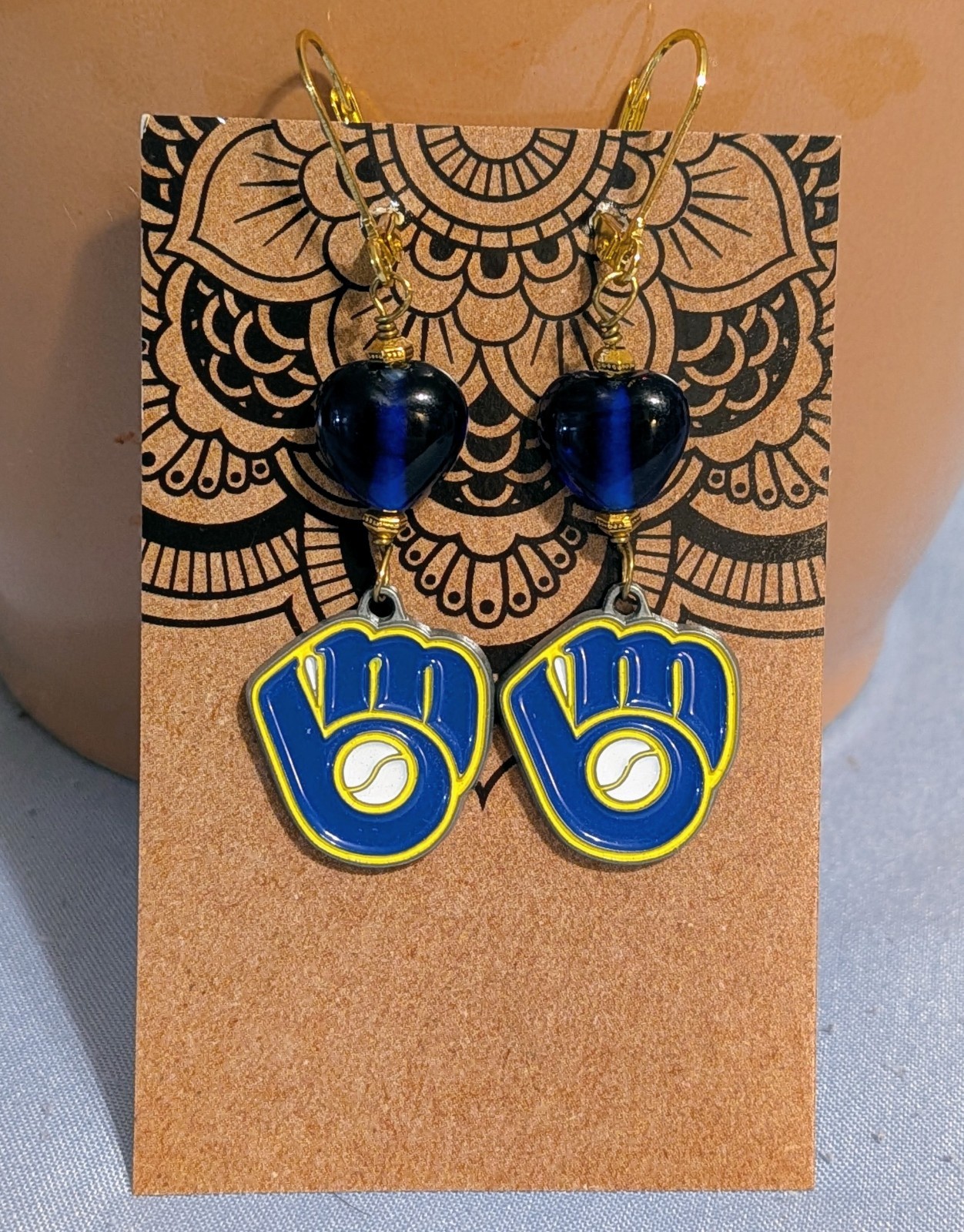Milwaukee Brewers Baseball Dangle Earrings, Blue & Yellow, One of a Kind Design