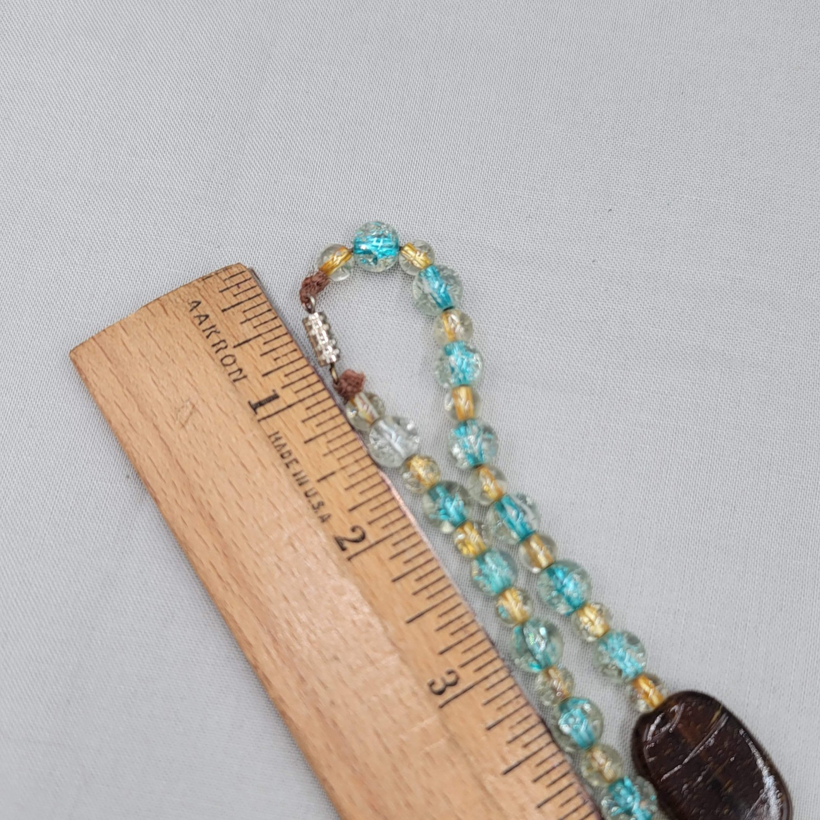 Artisan Brown Yellow Blue Glass Bead Necklace 28 in
