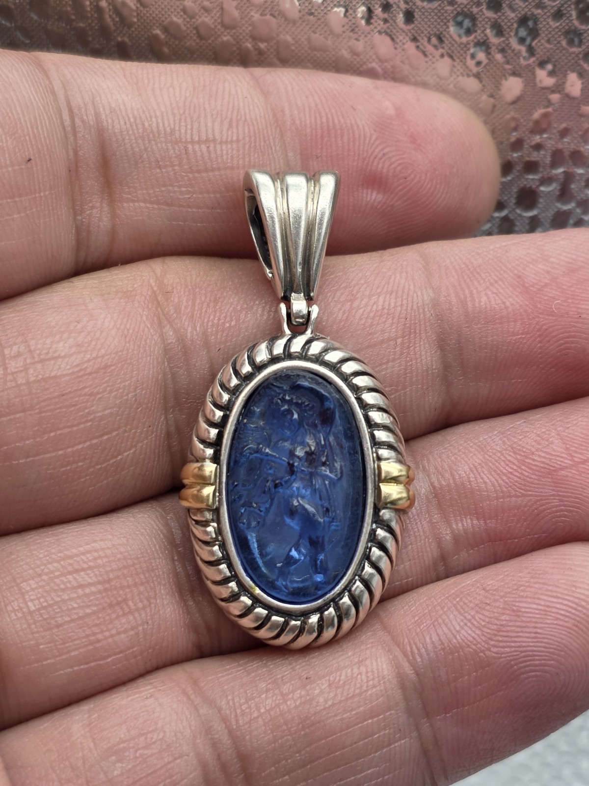 PHILLIP GABRIEL MENEGATTI 18K GOLD STERLING SILVER BLUE WOMAN GLASS PENDANT