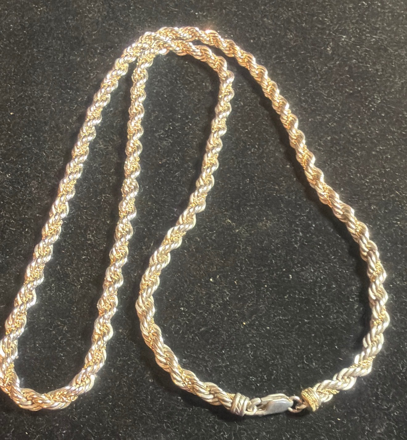 VTG 925 STERLING SILVER & 14K YELLOW GOLD NECKLACE PENDANT ROPE CHAIN 24″ 4.9MM