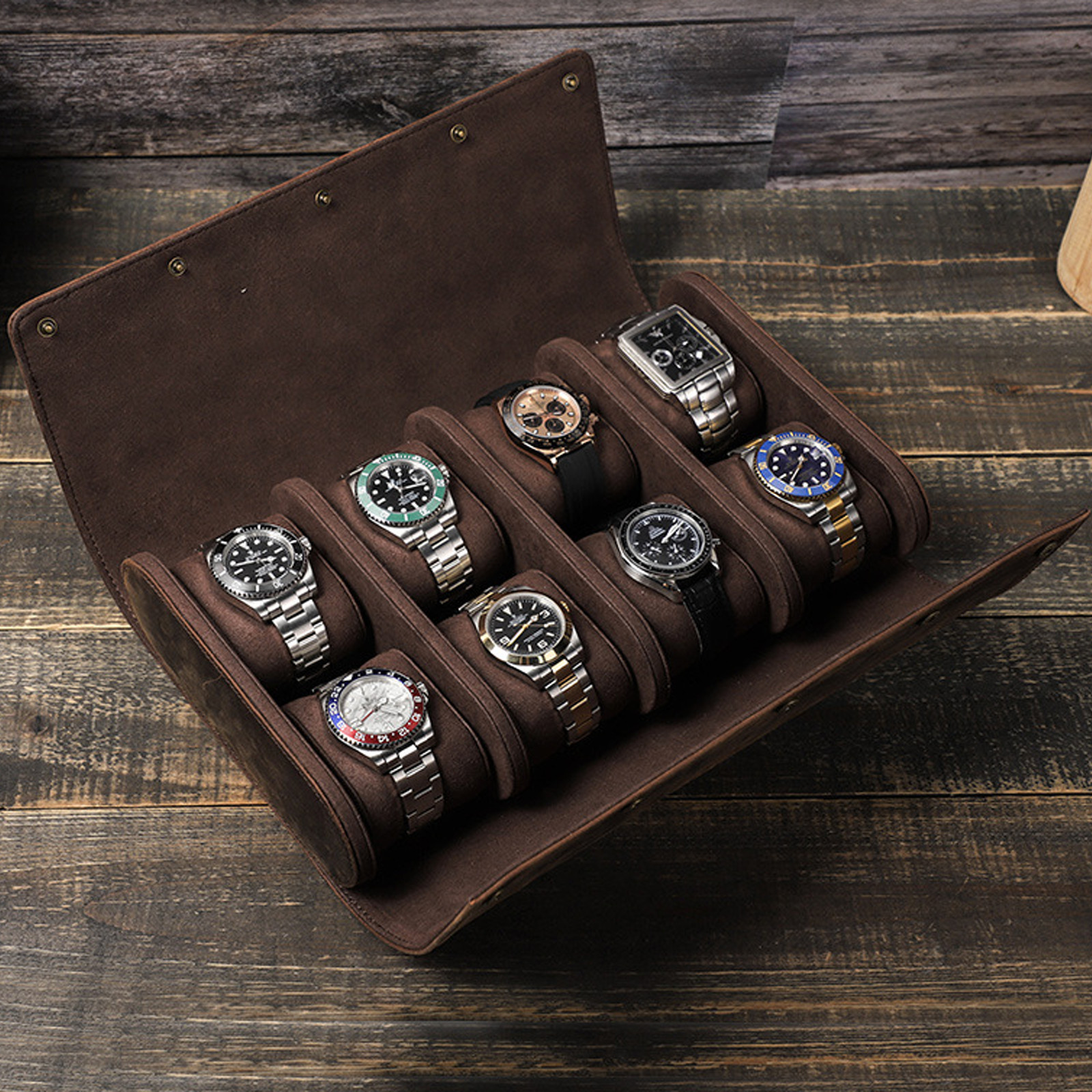 Watch Case Handcrafted Crazy Horse Leather 8 Watch Slot Vintage Organizer Coffee
