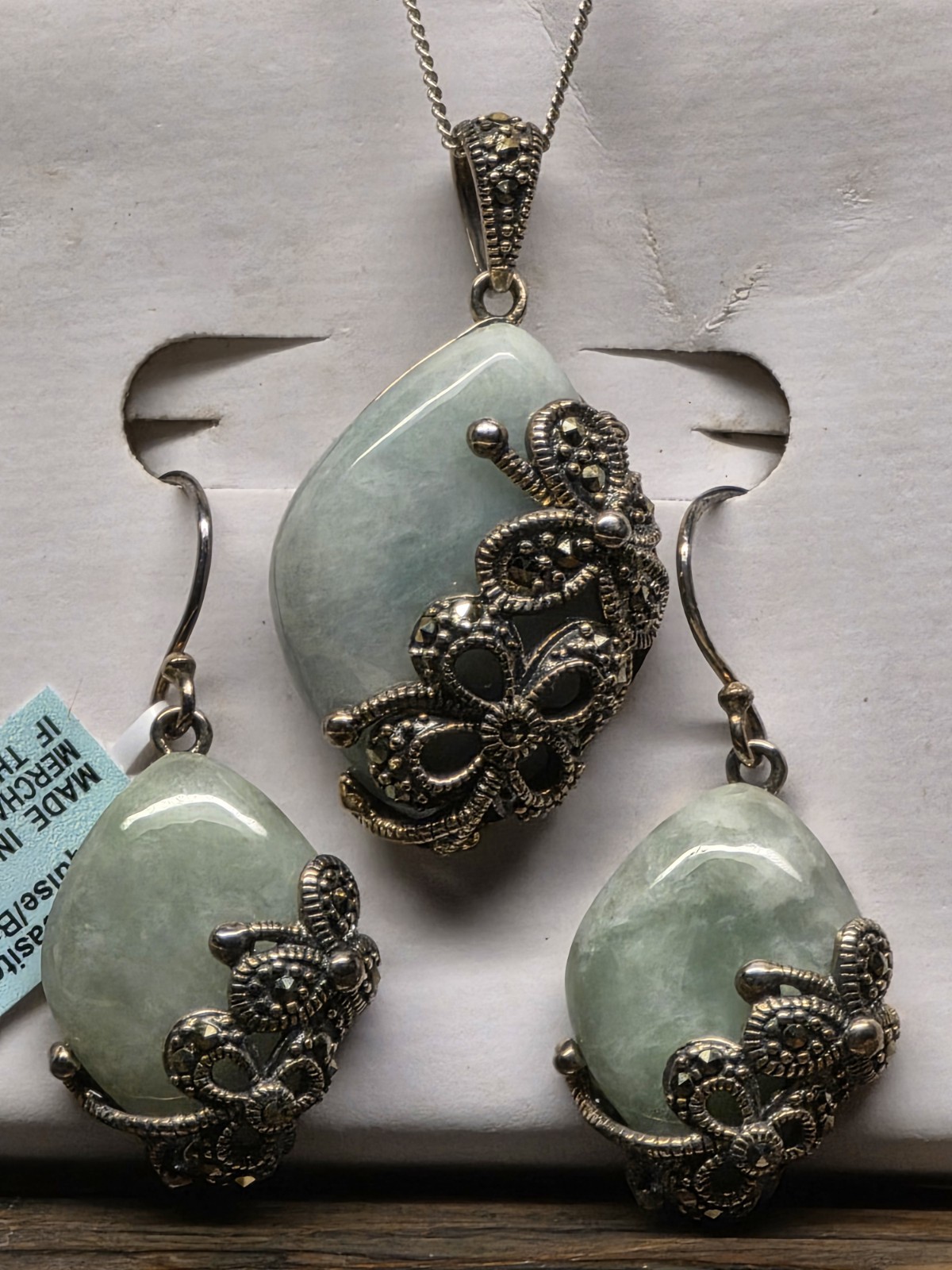 Vintage Sterling Silver Marcasite Jade Necklace & Earrings Set Butterfly Design