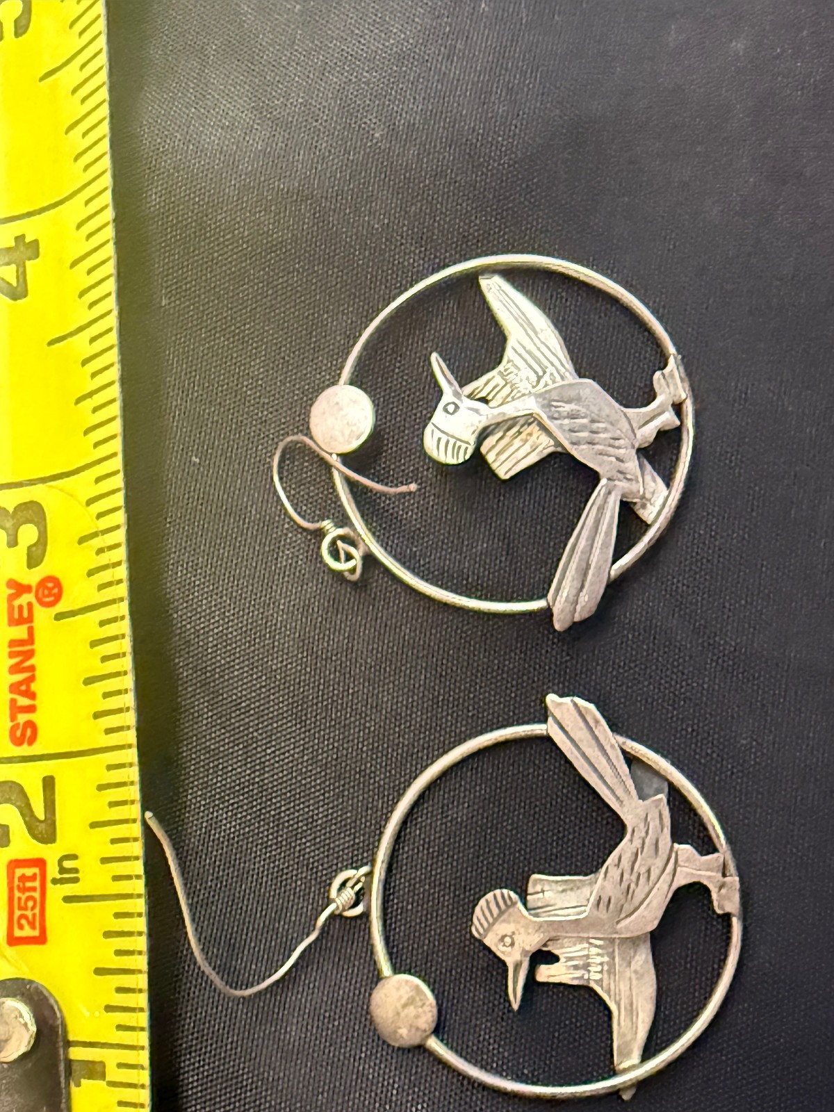 Vintage Sterling Silver Mismatched Bird Hoop Dangle Earrings Artisan 2 Inch