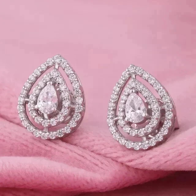 2Ct Pear Cut Lab Created Diamond Halo Wedding Stud Earring 14K White Gold Plated