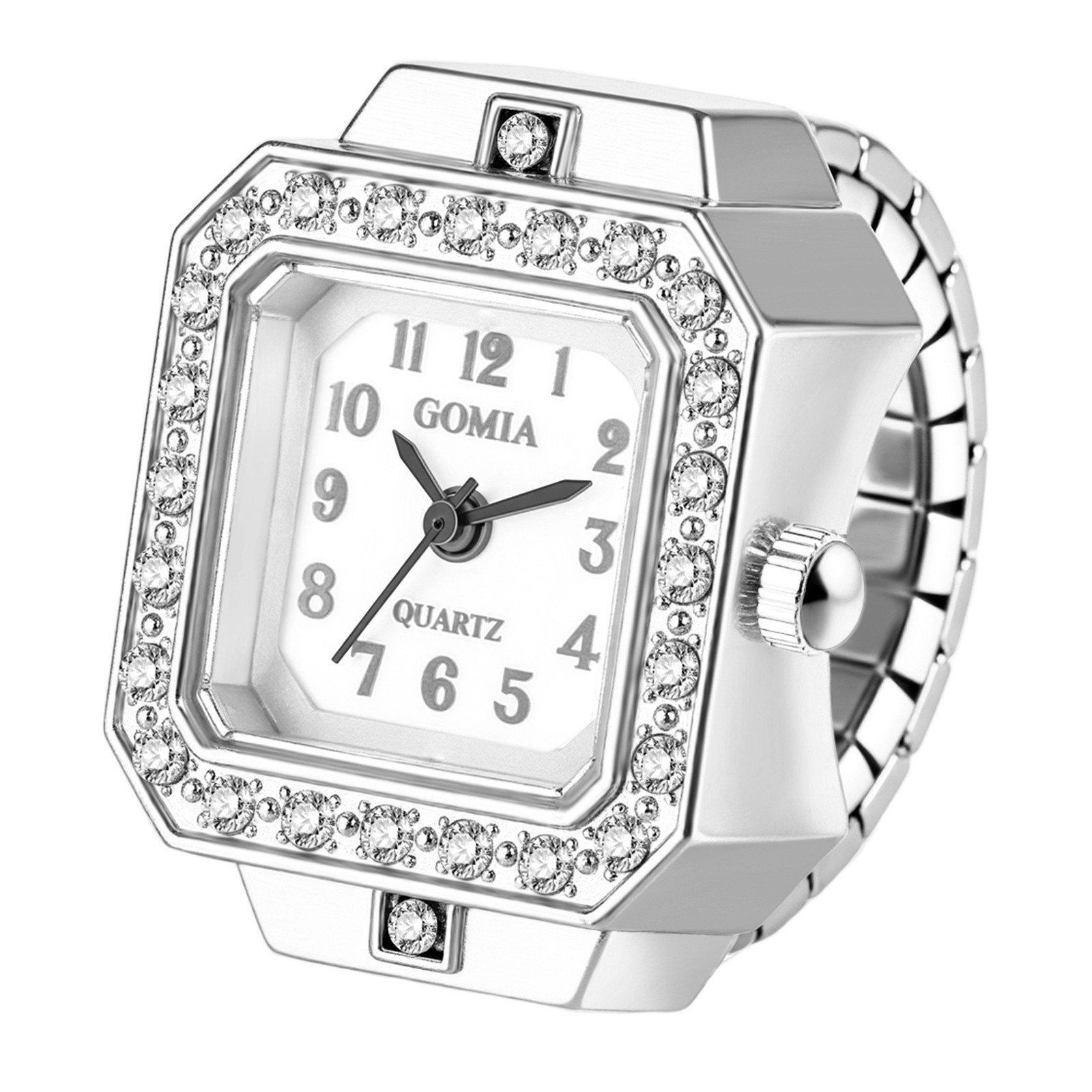 Bling Rhinestone Square Dial Elastic Finger Ring Quartz Watch Stretch Band
