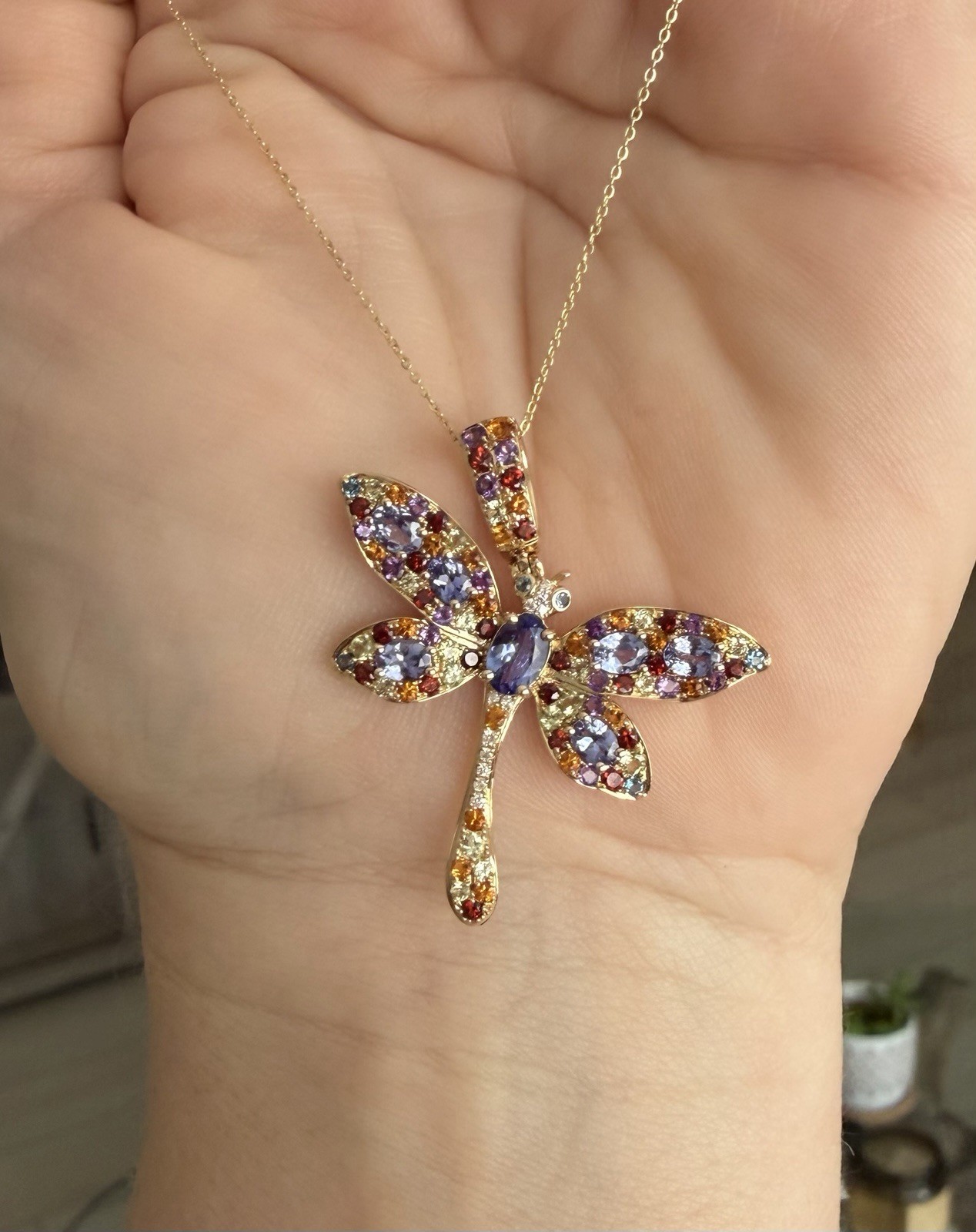 14kt Y/Gold Multi Gemstone & Diamond Dragonfly Necklace, 3.22cttw, 16-18”