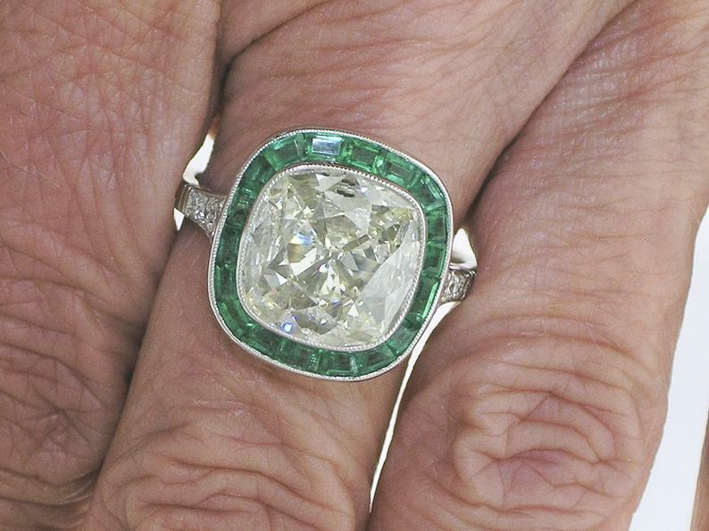 Lab-Created 4.24CT White Shiny CZ With 4.21CT European Cut Emerald Art Deco Ring