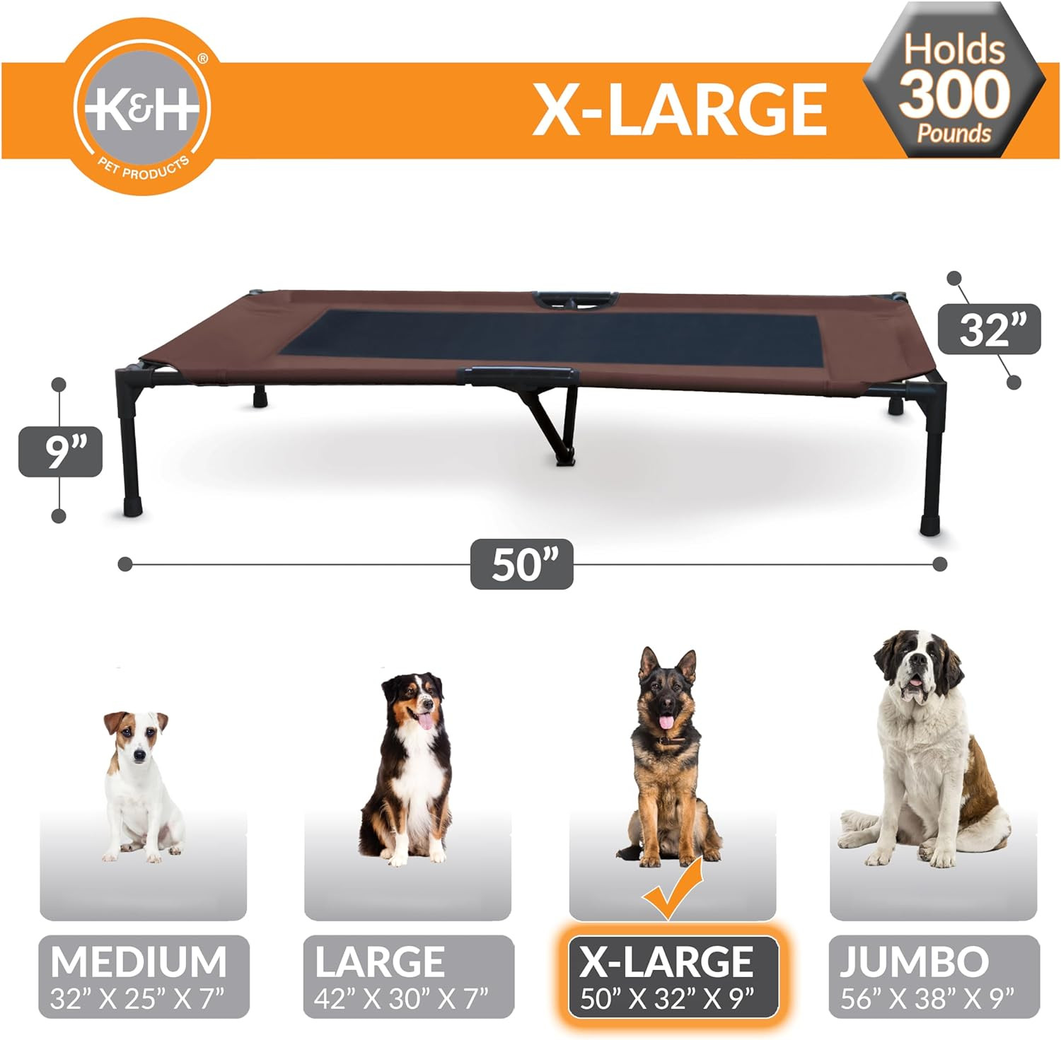 K&H Outdoor Elevated Dog Bed, Cooling Raised Dog Bed, Chocolate, XL 50X32In | Pe