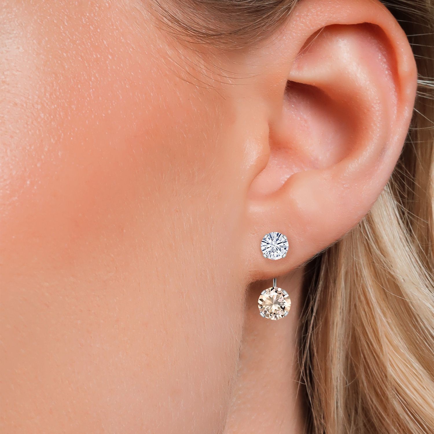 14K White Gold Peach Morganite and White Moissanite Stud Earrings for Women |