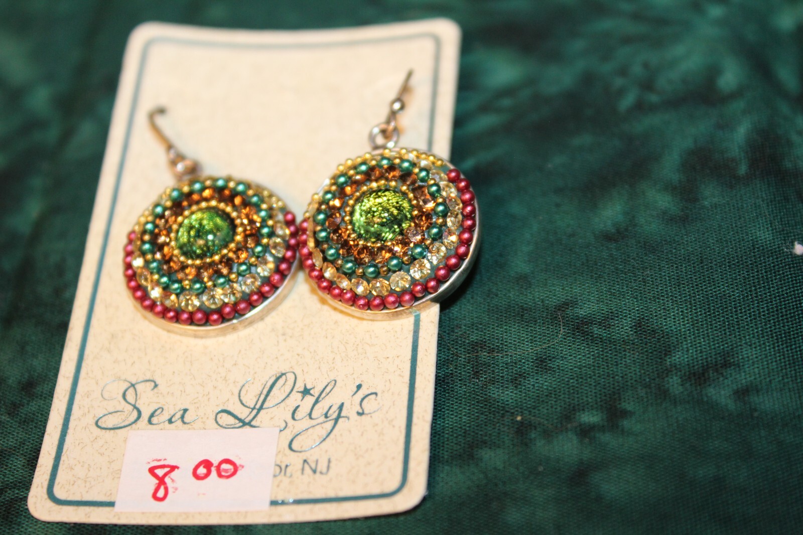 costume jewelry earrings colorful faux gems and jewels, blues,greens,reds,whites