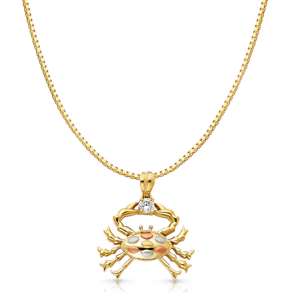 14K Tri Color Gold CZ Crab Charm Pendant & 1.2mm Box Chain Necklace