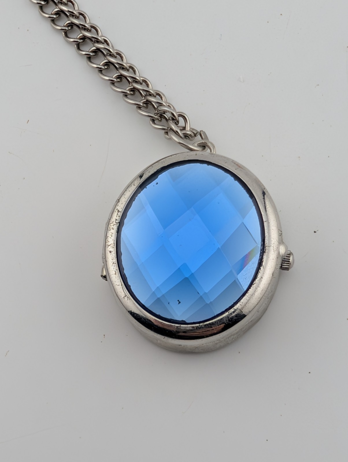 Avenue Pendant Watch Blue Gem Silver Dial w/ Chain- New Battery