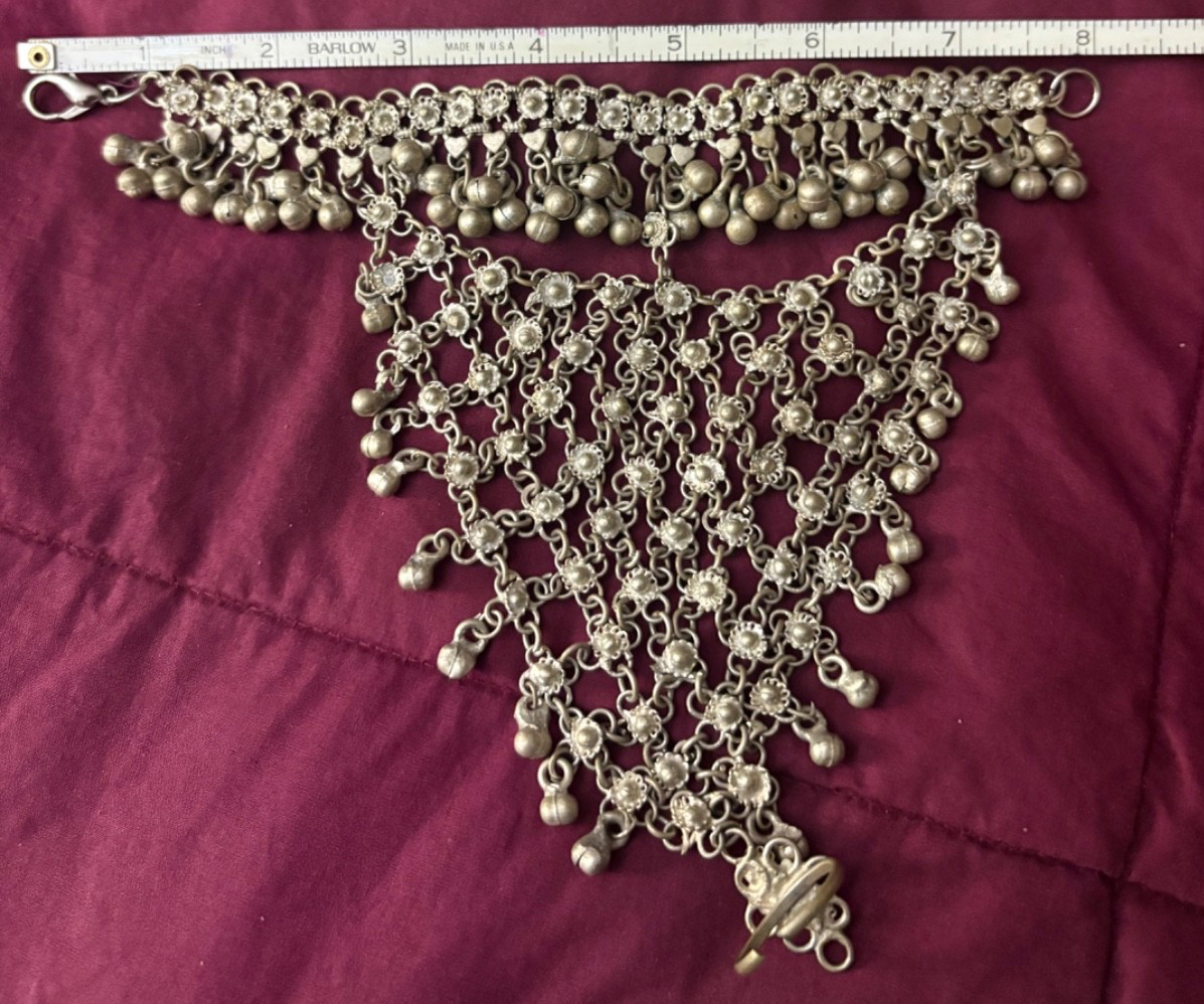Afghan Kuchi Silver Toned Bracelet Waterfall Design with Connected Finger Ring