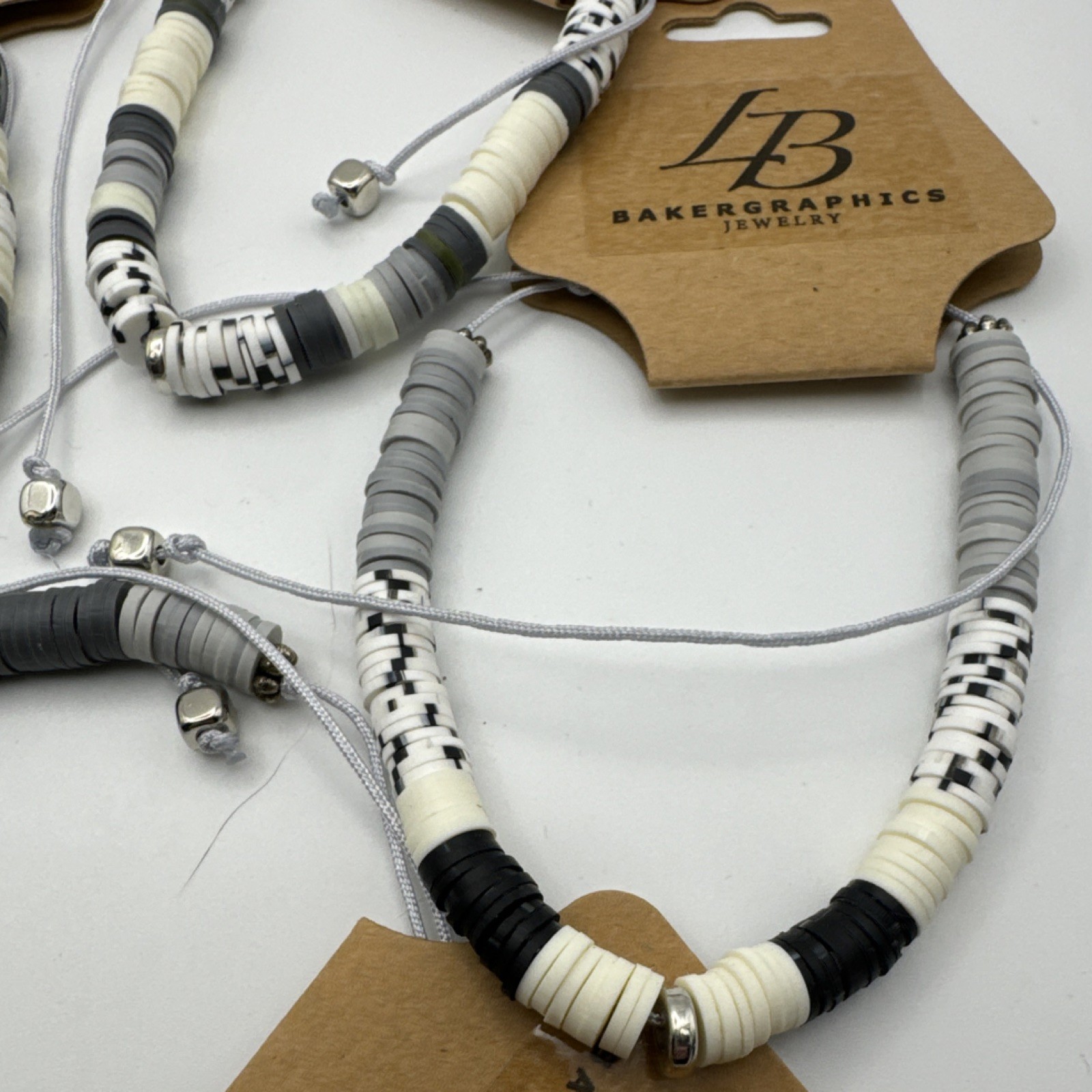 Baker Graphics Jewelry Beaded Adjustable Cord Bracelets Gray White Black
