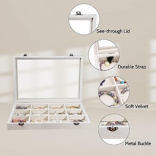 Stratalife Jewelry Organizer Box Beige Velvet 12 Grids 13.78″ Dustproof Tray