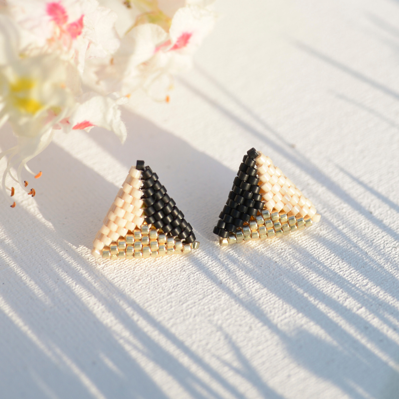 Color block miyuki beaded earrings, Triangle geometric seed bead stud earrings