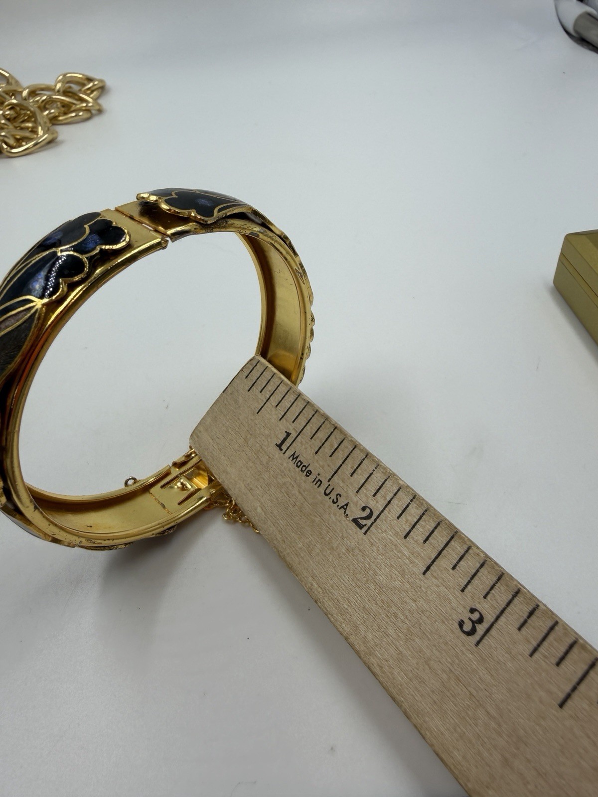 Vintage Bracelet Bangle Enamel Blue Floral Abstract Purple Hinged Push Lock
