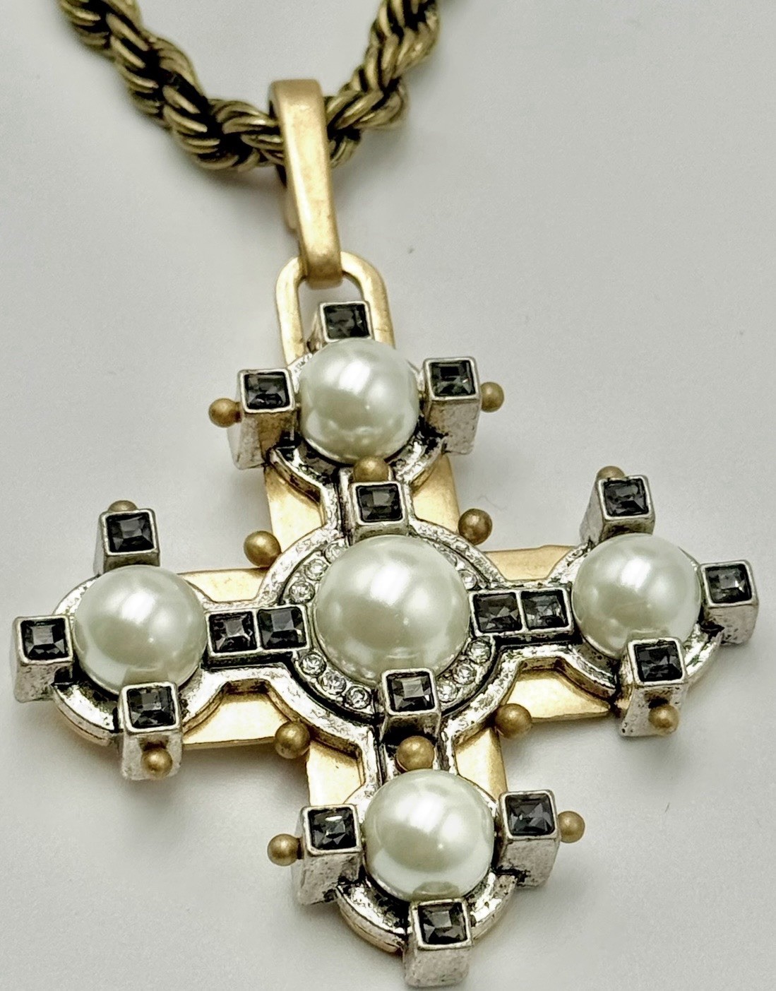 Cabi Tudor Maltese Cross Pendant Necklace Faux Pearl Black Crystal Rope Chain