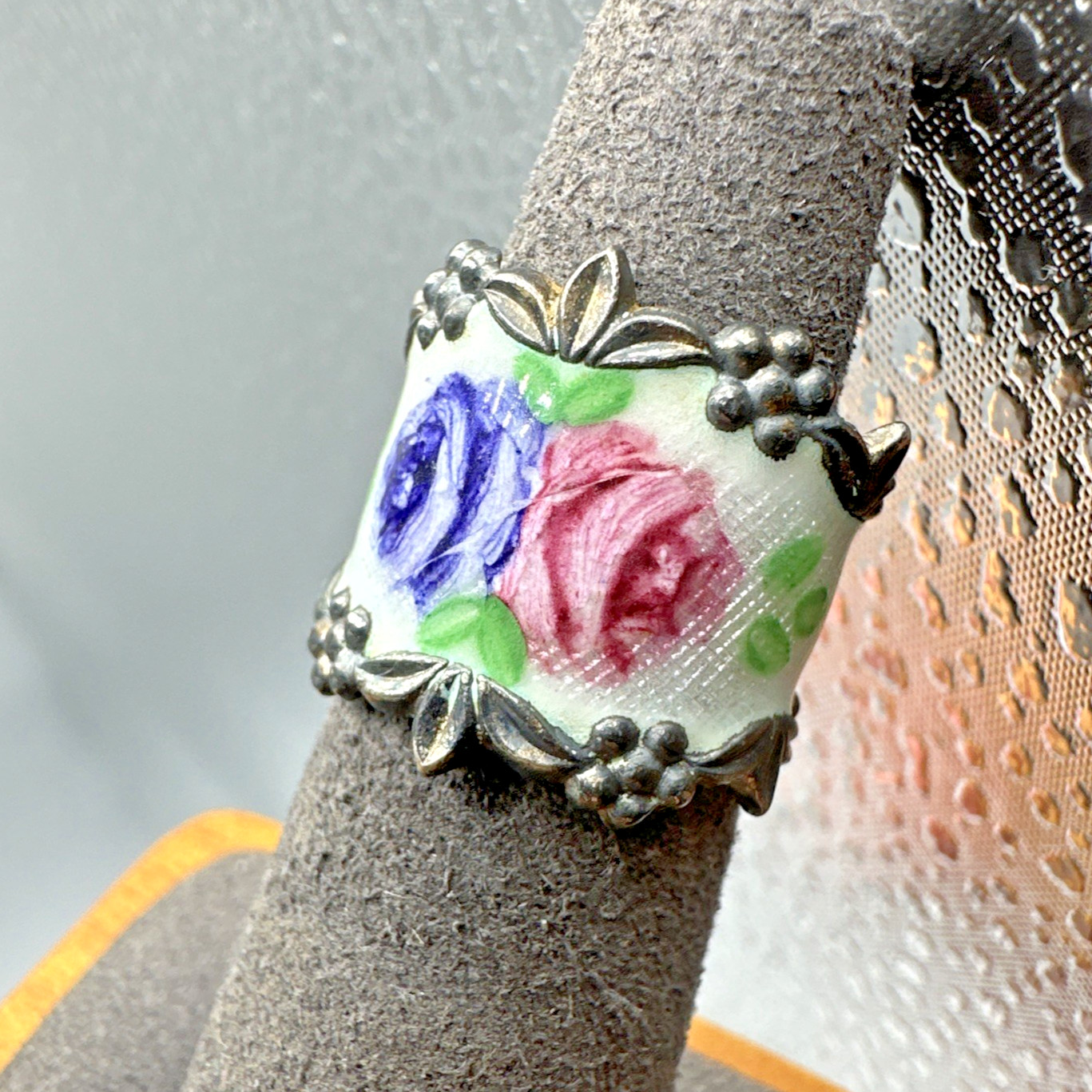 Vtg Vargas Sterling Silver Guilloche Enamel Painted Roses Flower Ring 7.1g Sz 5