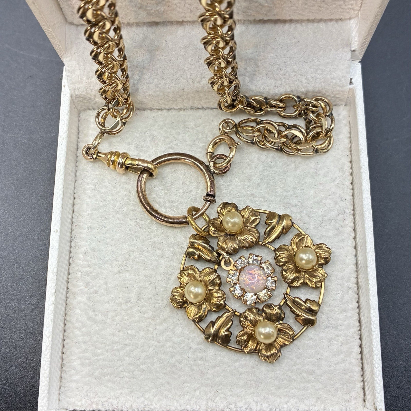 26g Vintage 12k Gold Filled Pocket Watch Chainmail Chain FOB Necklace, Faux Opal