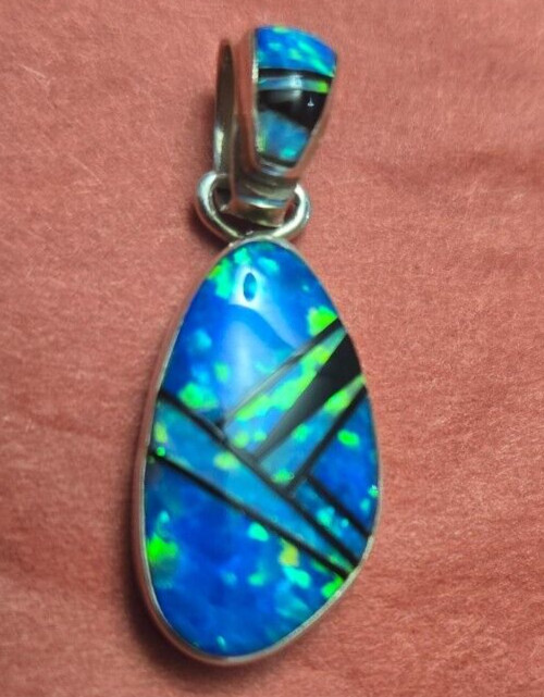 Sheryl Martinez? Sterling Multicolored Opal? 1 1/4 x 1/2″ Pendant 3 Grams