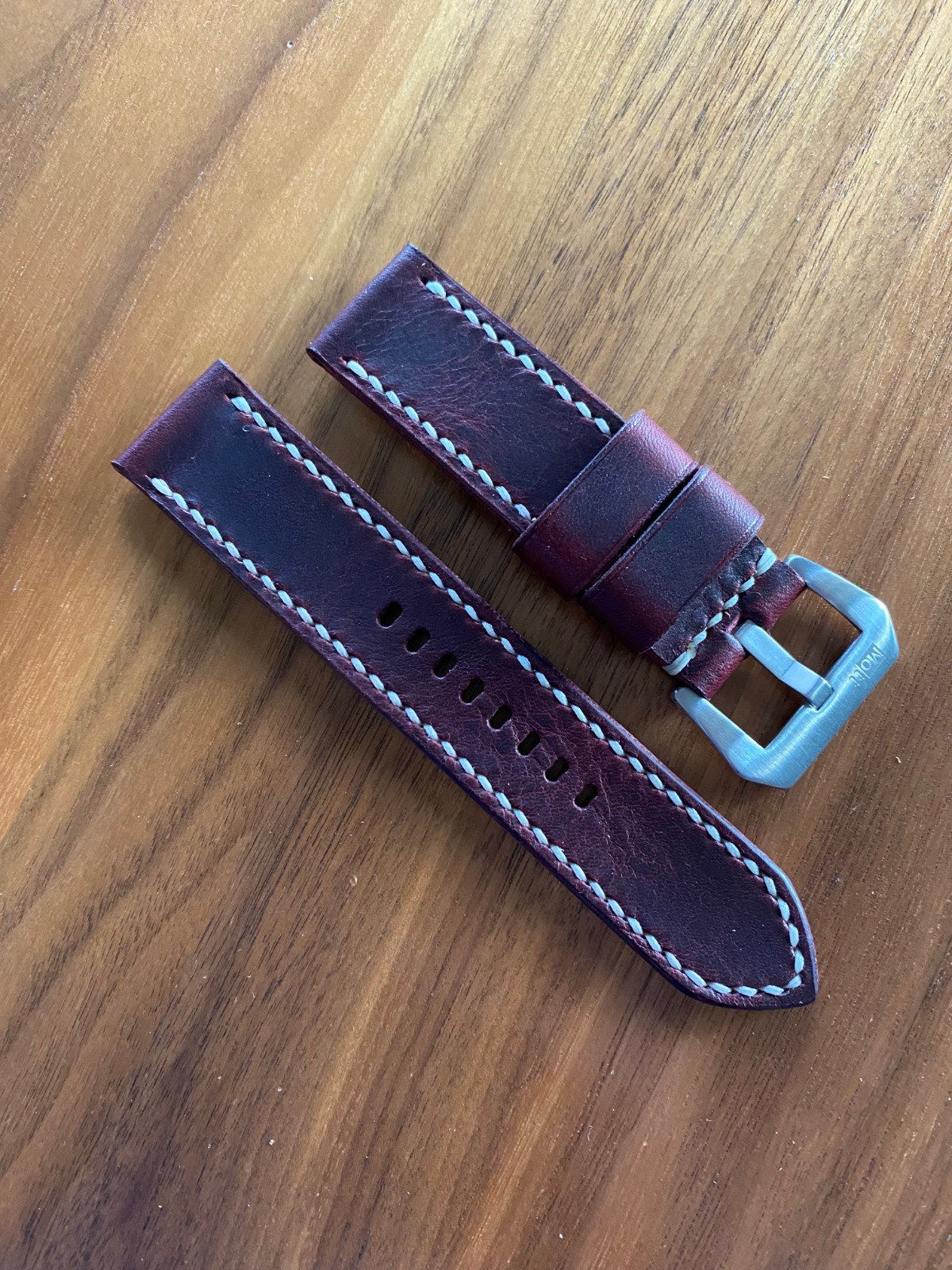 24mm Burgundy Handmade Waxy Leather Watch Strap Cream Panerai ~85/135
