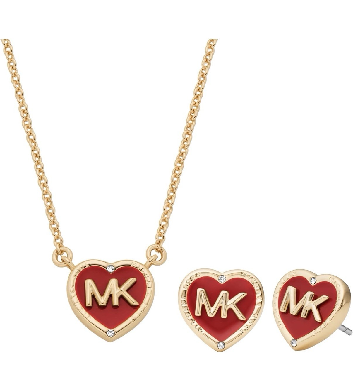 Michael Kors Heart Logo Red and Gold-Tone Brass Necklace and Earrings Gift Set