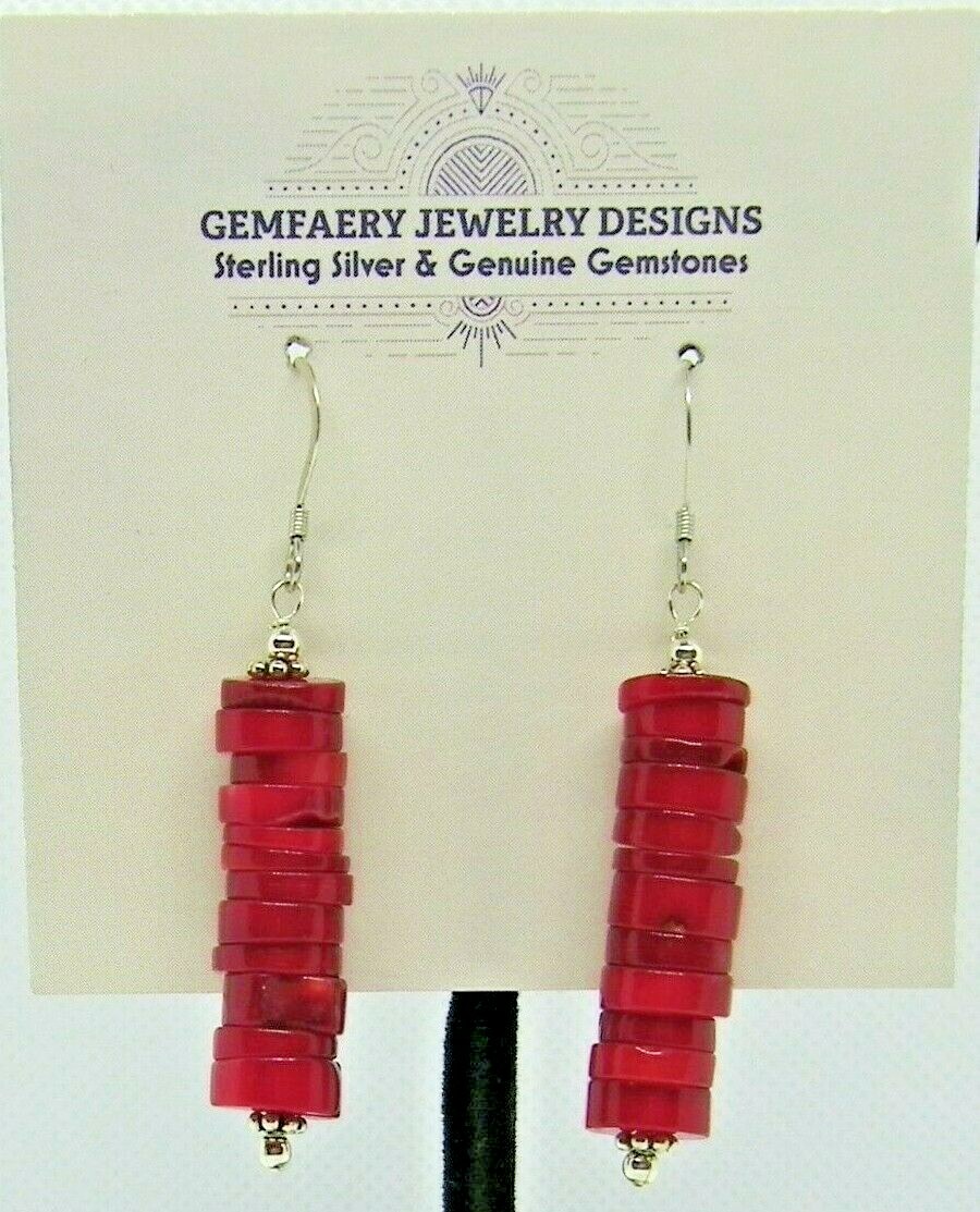 Sterling Silver Stacked Natural CORAL Dangle Earrings #1149…Handmade USA