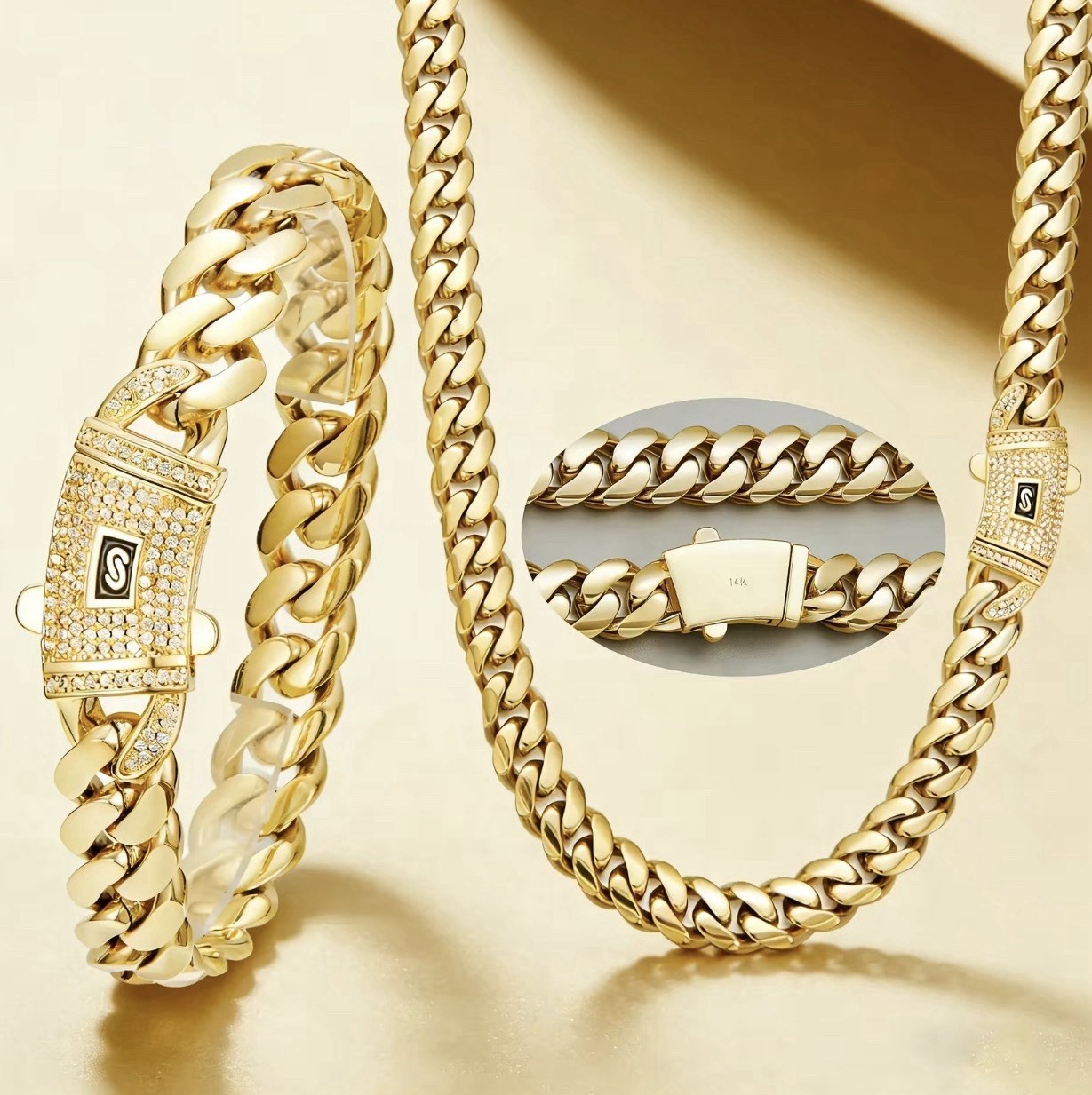 Cuban chain necklace/bracelet with a pure 14K gold finish, 8.5″–24″, 12 mm