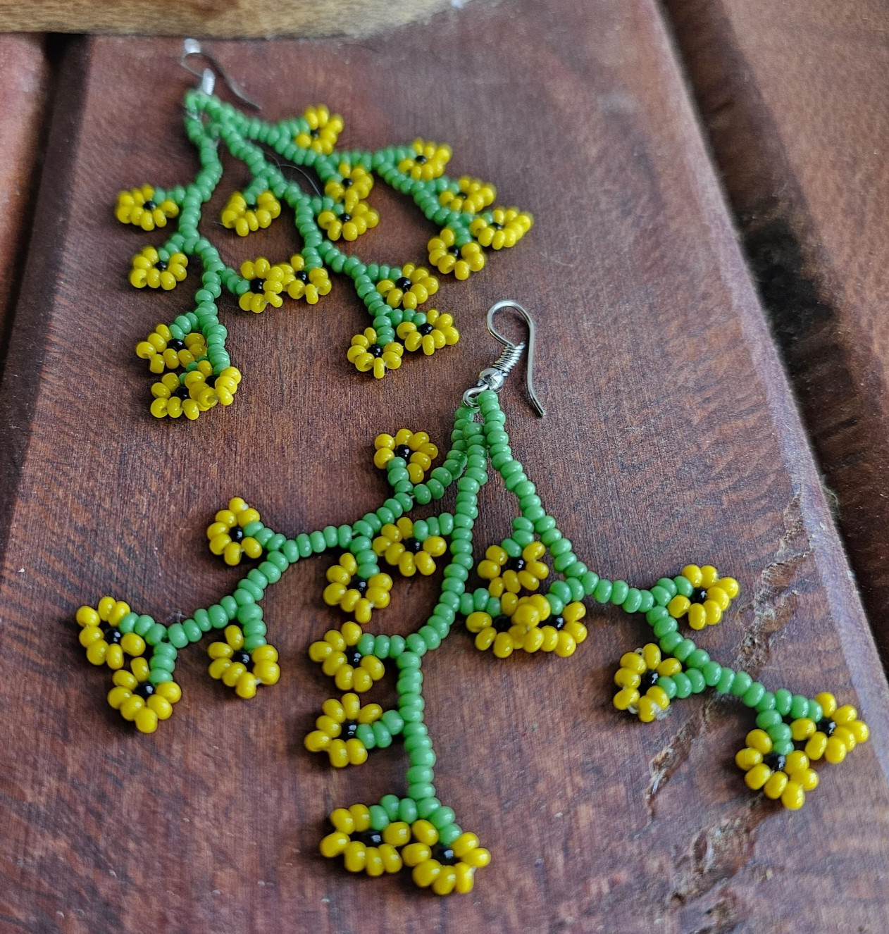 African-Beaded Branch Flower Earrings- Handmade in Kenya- New- Green/ Yellow