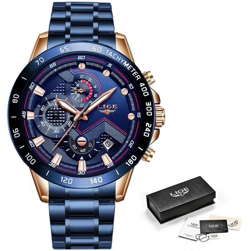 Montre Homme acier inoxydable LIGE Quartz Analogique étanche Lumineux date mode