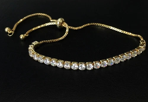 18K Gold Plated Bolo Tennis Bracelet Made Simulated Diamond Round Prong Stone