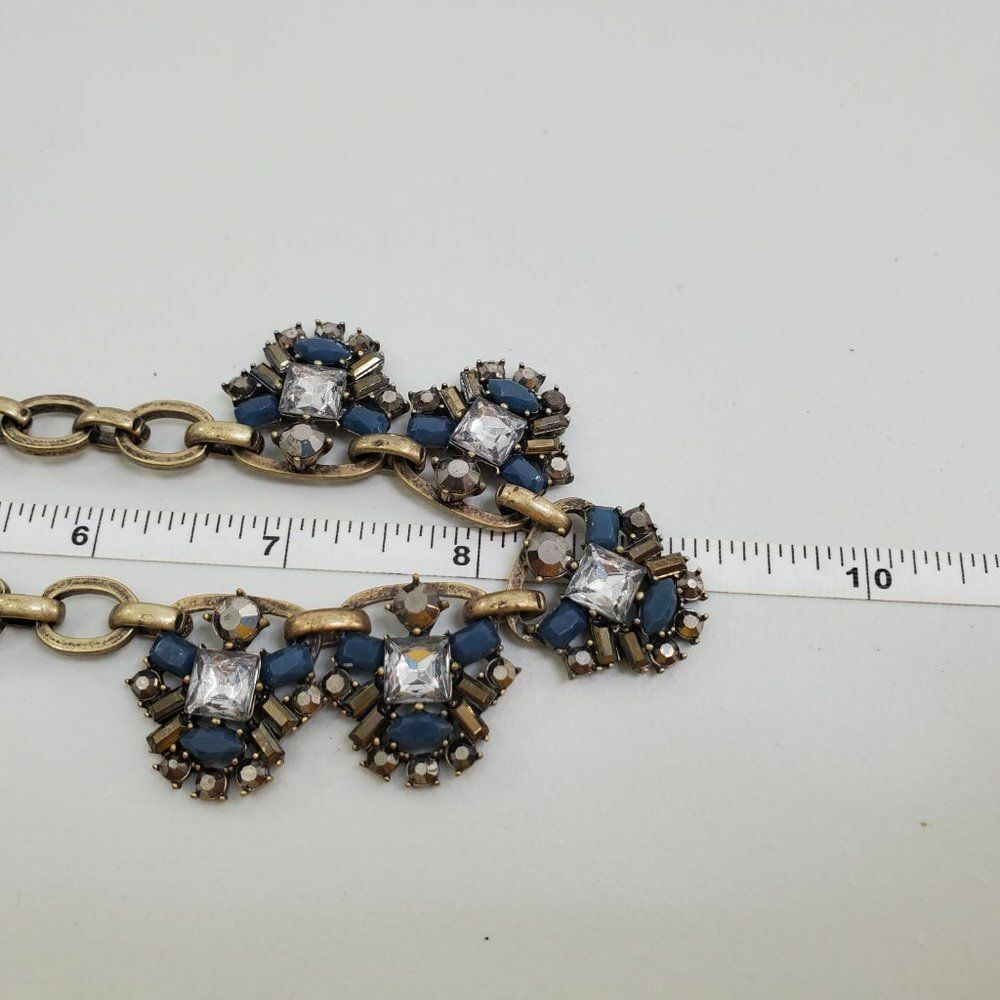 Ann Taylor Loft Necklace Statement Blue Rhinestone Gold Tone Chain Gray
