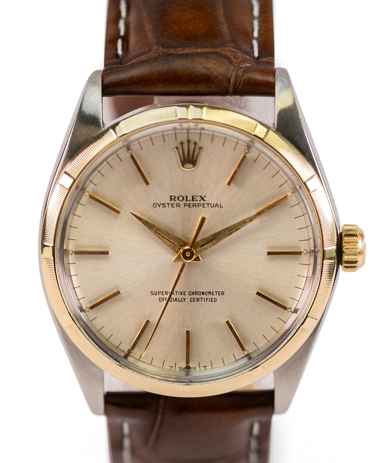 Rolex Oyster Perpetual 1003 Automatic Silver Dial 34mm 18k Gold Watch