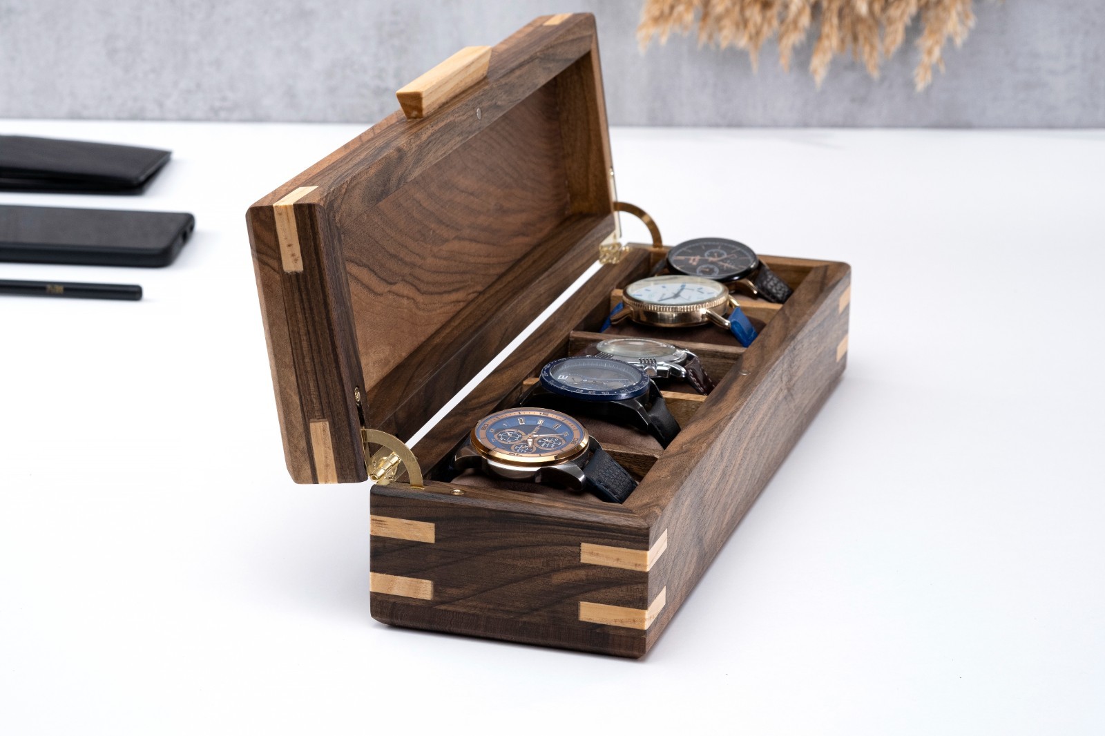 Walnut Watch Box, Handmade Watch Storage, Personalized Watch Case (5 Slot)
