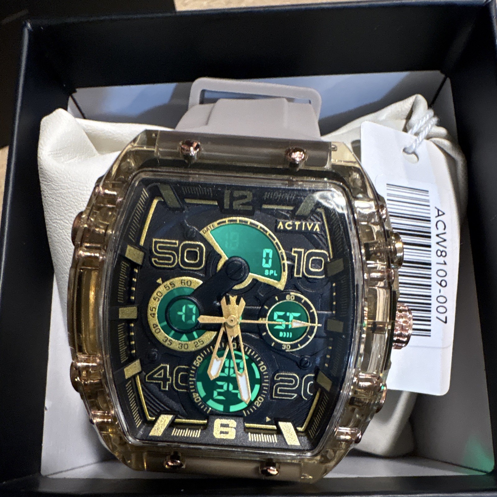 Activa Quartz Analog-Digital 50m Gray Silicone Strap Black/Gold Dial Boxed